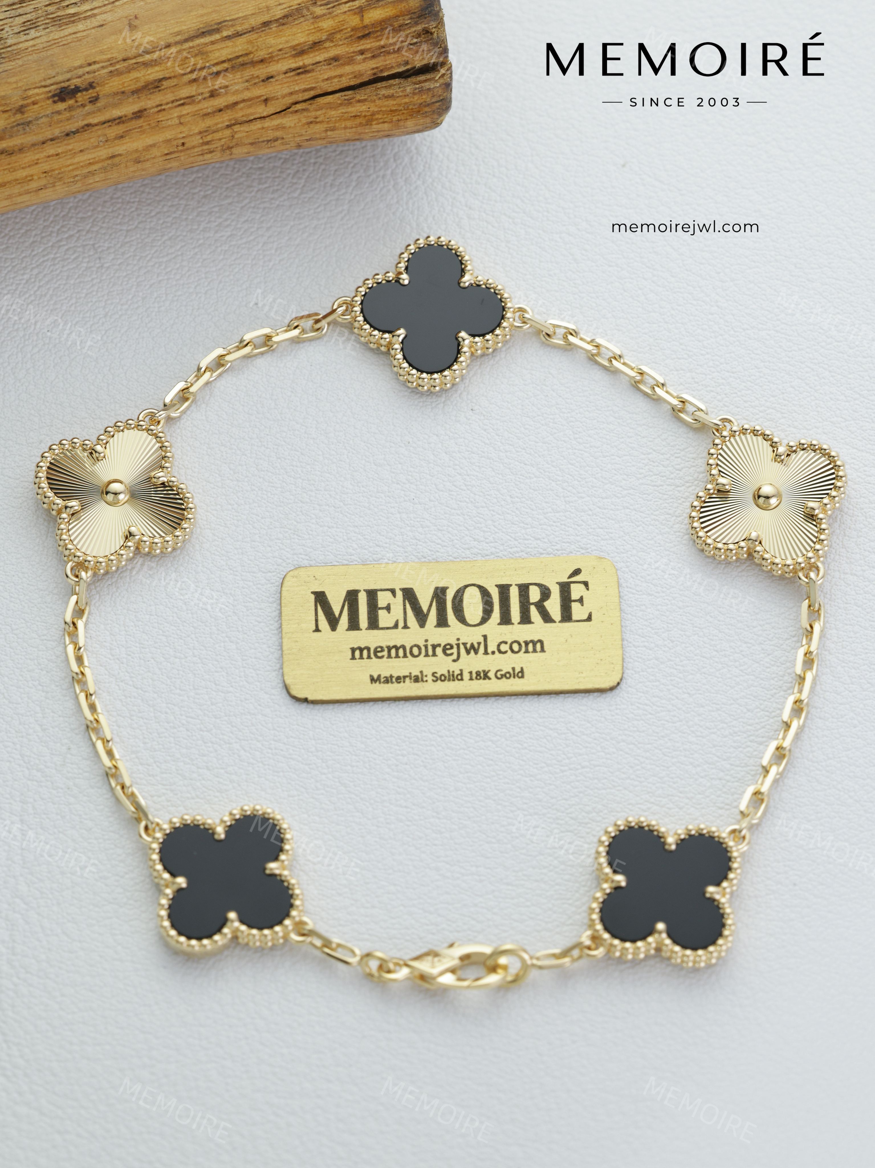 MEMOIRÉ 18K Yellow Gold Custom Onyx & Laser Cut Five Motifs Bracelet
