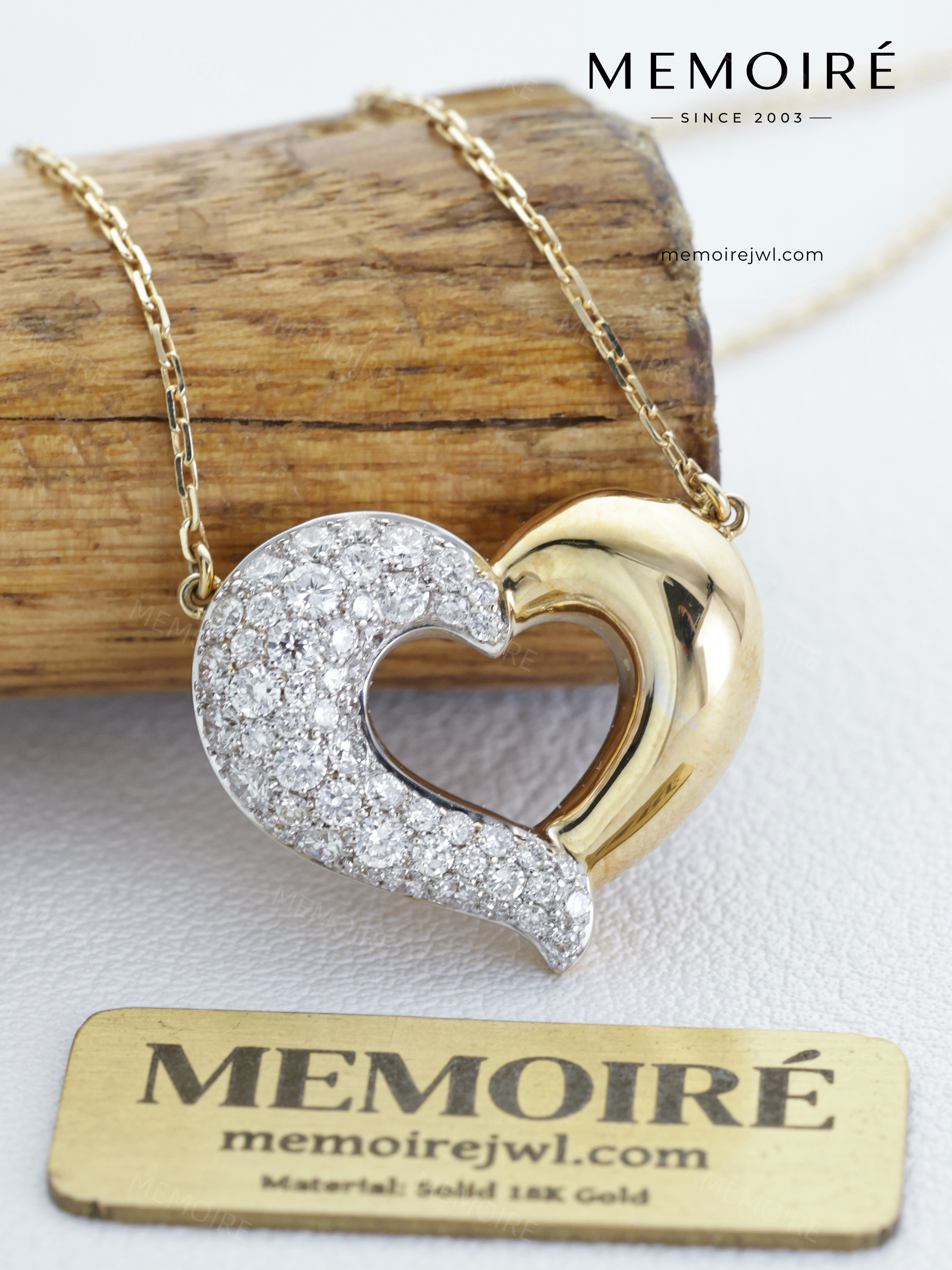 MEMOIRÉ 14K Yellow Gold Half Pavé Heart Necklace